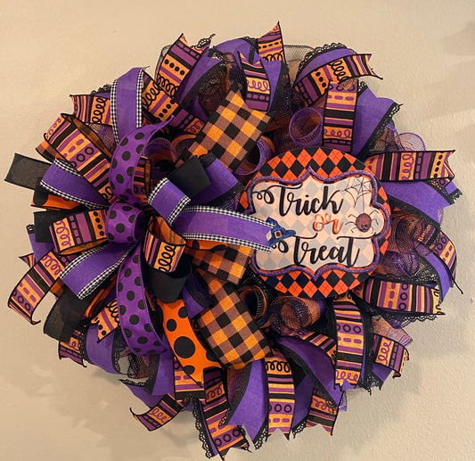 Harlequin Halloween Trick or Treat Wreath with Spider for Door, Halloween Trick or Treat Wreath for Porch, Halloween Trick or Treat Decor