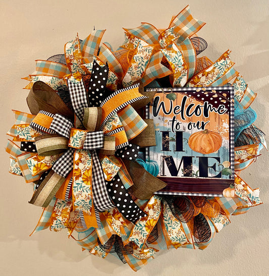 Fall Farmhouse Pumpkin Wreath, Welcome to Our Home Wreath, Fall Everyday Teal Wreath, Fall Farmhouse Welcome to Our Home Wreath