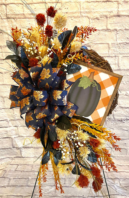 Elegant Autumn Harvest Wreath, Pumpkin Sign, Rustic Grapevine Wreath, Thanksgiving Door Decoration, Fall Wreath with Pumpkin for Front Door
