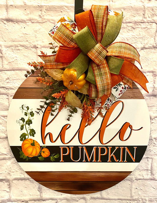 Fall Hello Pumpkin Door Hanger, Fall Pumpkin Door Hanger, Fall Pumpkin Porch Decoration, Door Hanger with Pumpkin and Fall Florals