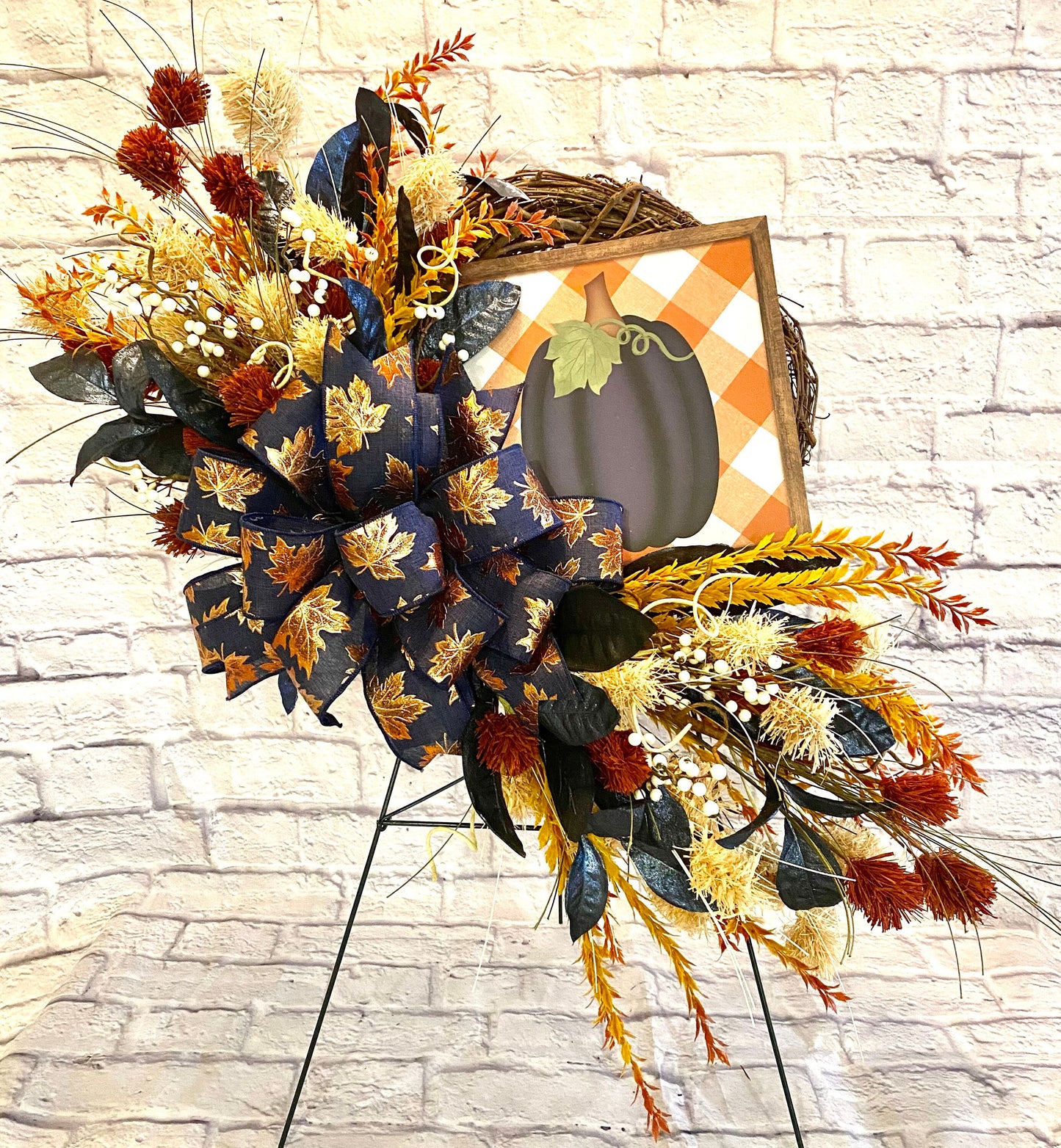 Elegant Autumn Harvest Wreath, Pumpkin Sign, Rustic Grapevine Wreath, Thanksgiving Door Decoration, Fall Wreath with Pumpkin for Front Door