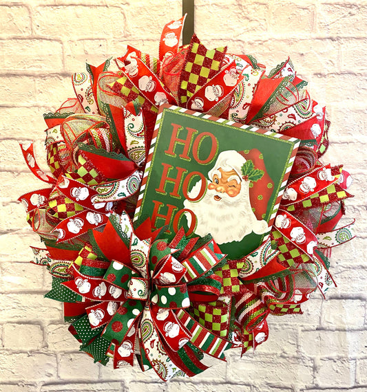 Emerald Green Santa Christmas Wreath, Santa Christmas Wreath for Door, Holiday Santa Wreath for Door, Santa Holiday for Porch