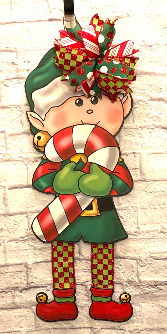 Christmas Elf Door Hanger, Christmas Elf Door Hanger for Front Door, Christmas Elf Door Hanger for Porch, Red & Green Elf Door Hanger