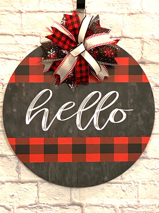 Rustic Winter Buffalo Plaid Hello Door Hanger for Door, Winter Buffalo Plaid Hello Door Hanger for Porch, Black & Red Winter Hello Sign