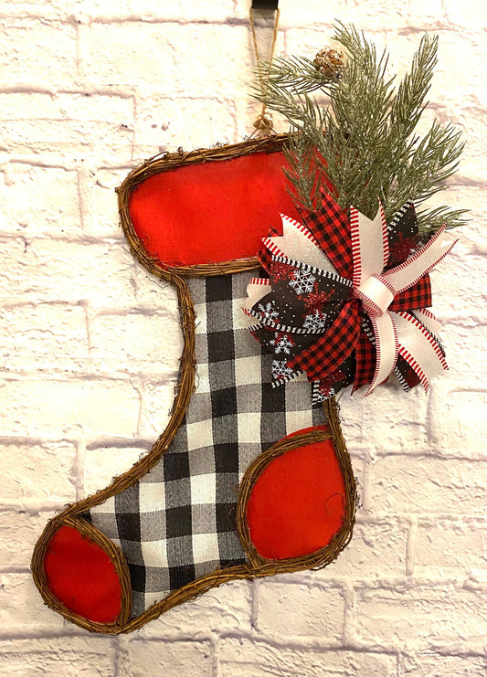 Christmas Buffalo Check Stocking for Front Door, Christmas Buffalo Plaid Door Hanger, Christmas Buffalo Check Porch Decoration