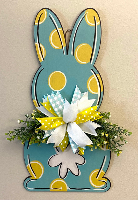 Turquoise Easter Bunny Door Hanger, Turquoise and Yellow Polka Dot Door Hanger, Easter Bunny Decoration, Blue Easter Bunny Decoration