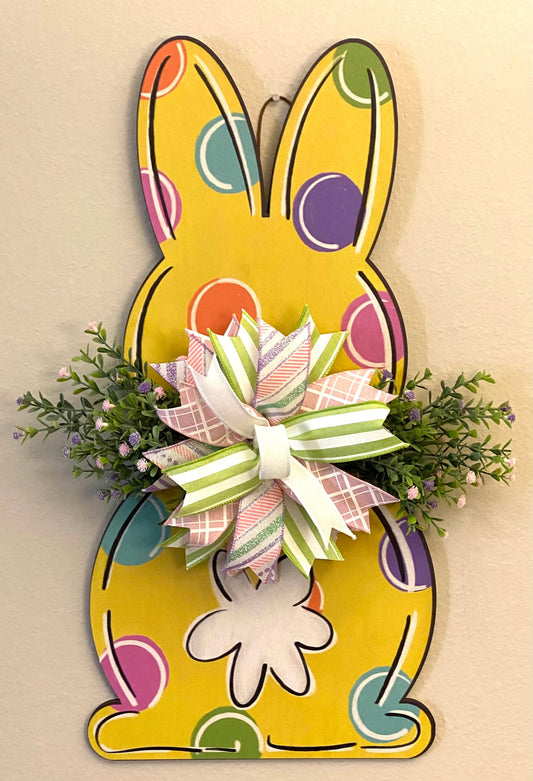Yellow Polka-dot Easter Bunny Door Hanger, Yellow Easter Bunny Porch Decoration, Easter Bunny Home or Business Decoration