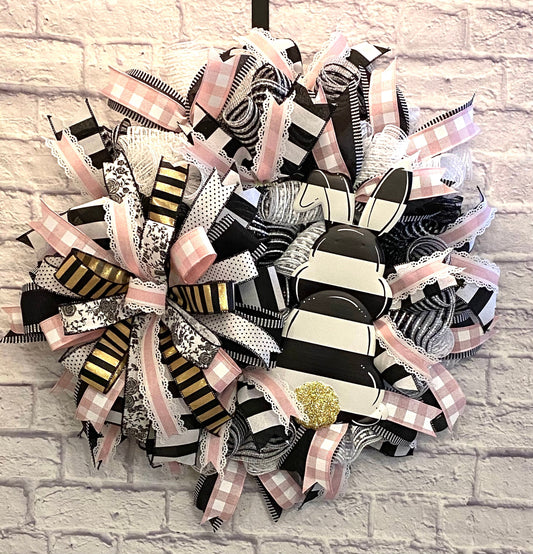 Easter Bunny Wreath for Door, Black and White Bunny Wreath for Door, Easter Bunny Decoration for Porch, Easter Bunny Home Decoration