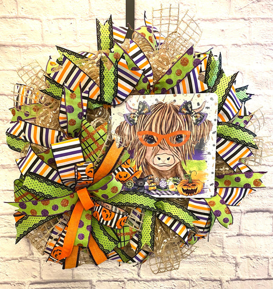 Highland Cow Wreath, Highland Cow Halloween Wreath, Highland Cow Door Hanger, Highland Cow Home Decoration, Halloween Porch Decoration