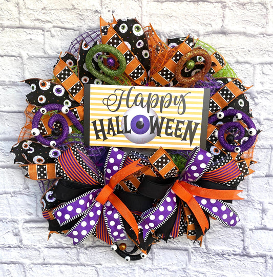 Happy Halloween Wreath. Whimsical Halloween Eyeball Wreath, Happy Halloween Door Hanger, Happy Halloween Porch Decoration, Halloween Decor