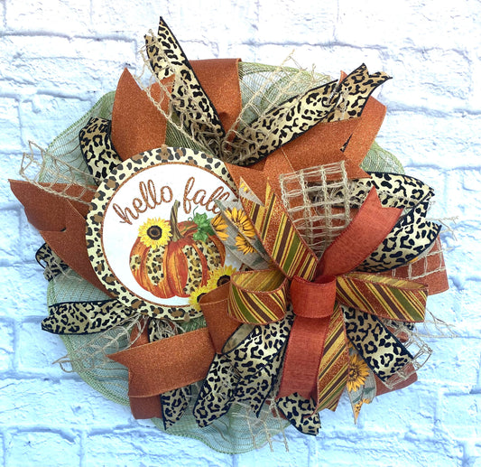 Fall Wreath for Door, Fall Leopard Print Pumpkin Wreath, Fall Pumpkin Wreath for Door, Fall Wreath with Pumpkin, Pumpkin Wreath for Fall
