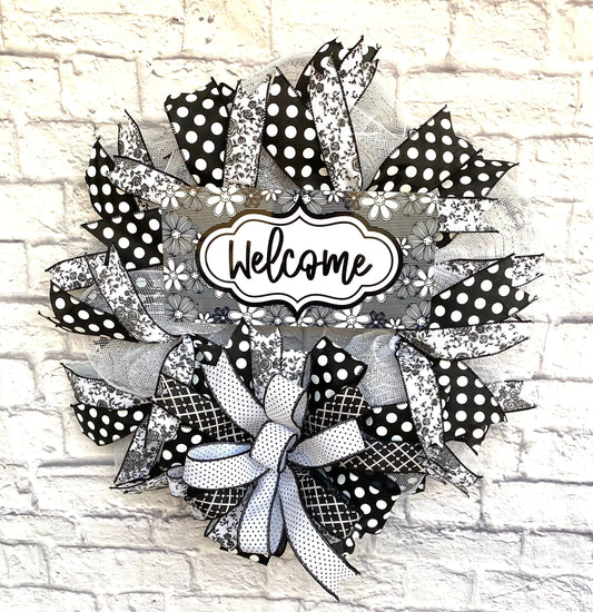 Welcome Wreath for Front Door, Welcome Wreath for Porch, Welcome Door Hanger, Black and White Wreath For Door, Welcome Home Decoration