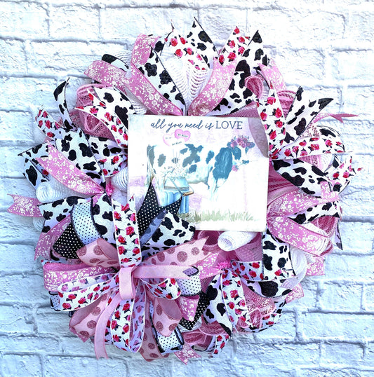 Valentines Cow Wreath, Valentines Wreath for Home, Pink Cow Valentines Wreath, Pink Valentines Wreath for Door, Valentines Porch Decoration