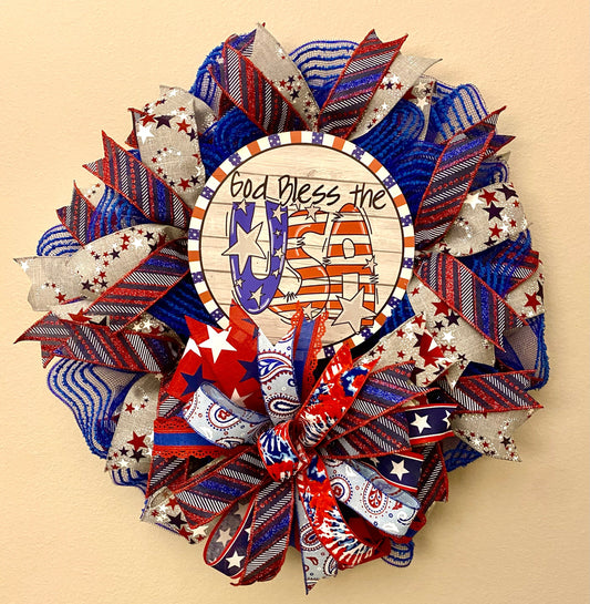 God Bless the USA Wreath, God Bless the USA Patriotic Wreath, Patriotic Wreath for Door, Patriotic Home Decoration, 4th of July Wreath