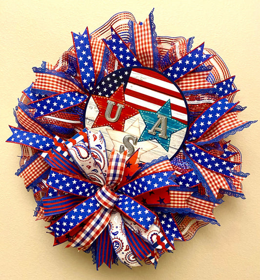 Patriotic Wreath, Patriotic Wreath for Door, USA Door Hanger, USA Porch Decoration, USA Patriotic Home Decoration, Patriotic Stars Wreath