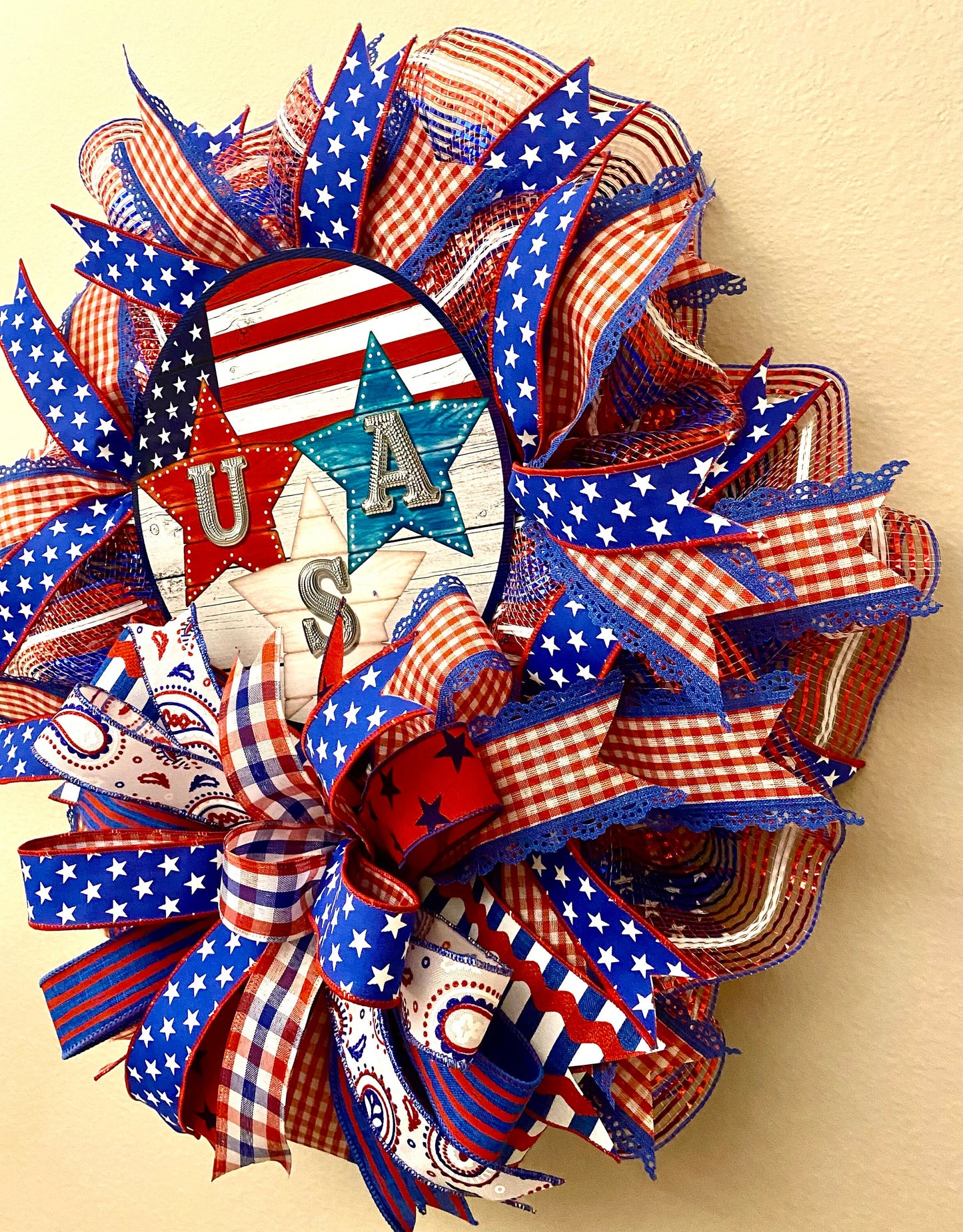 Patriotic Wreath, Patriotic Wreath for Door, USA Door Hanger, USA Porch Decoration, USA Patriotic Home Decoration, Patriotic Stars Wreath