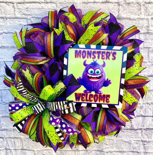 Colorful Monster Halloween Wreath for Front Door, Halloween Wreath for Door, Monster Halloween Wreath, Halloween Party Decoration,