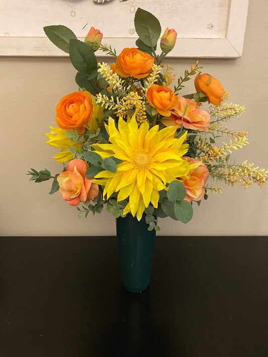 Graveside Floral Arrangement, Yellow and Orange Graveside Floral Arrangement, Vibrant Floral Gravesite Arrangement