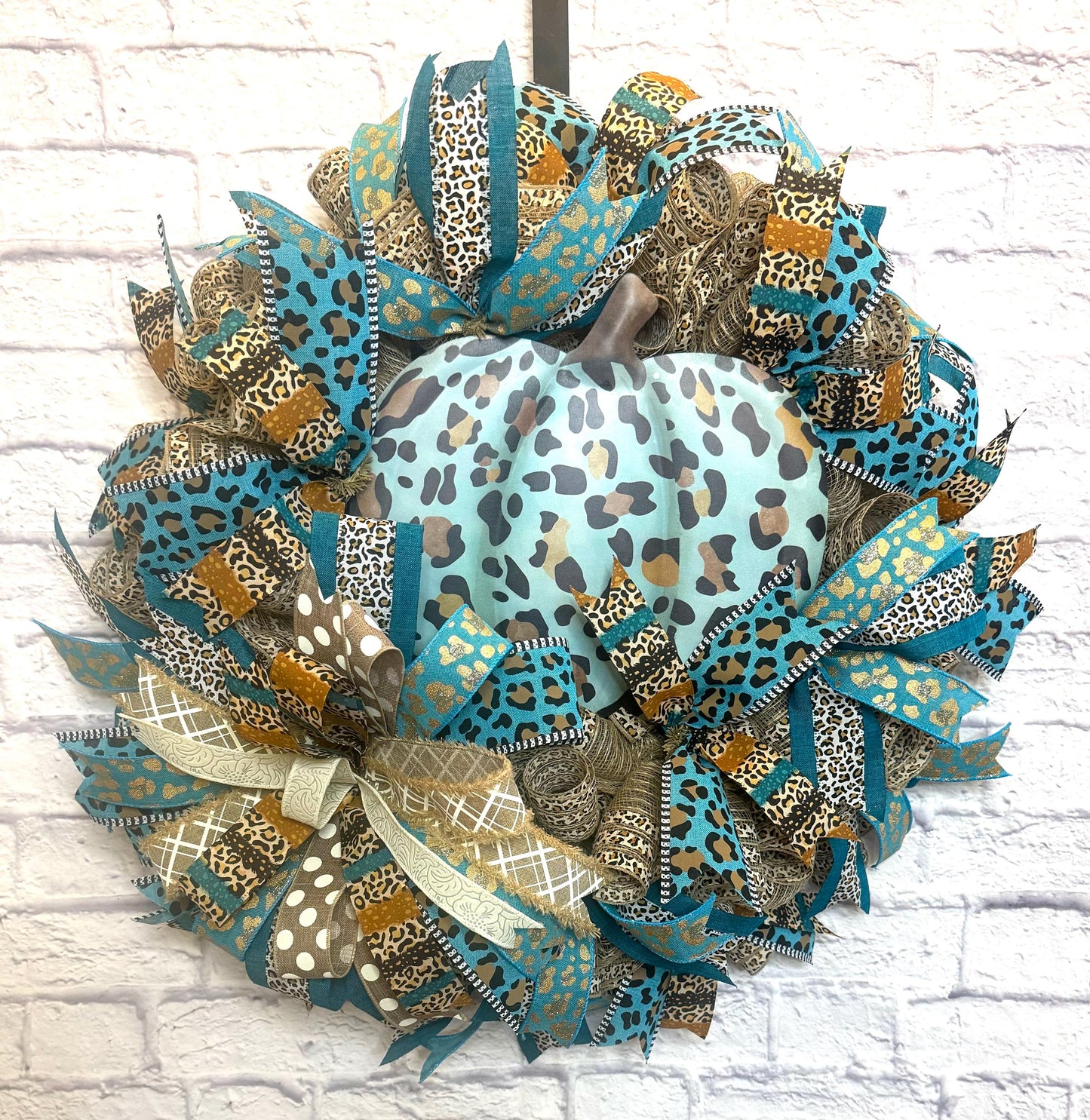Fall Turquoise Wreath, Fall Pumkin Wreath for Door, Fall Leopard Print Pumpkin, Fall Pumkin Door Hanger, Fall Wreath, Fall Hone Decoration