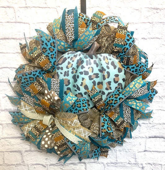 Fall Turquoise Wreath, Fall Pumkin Wreath for Door, Fall Leopard Print Pumpkin, Fall Pumkin Door Hanger,  Fall Wreath, Fall Hone Decoration