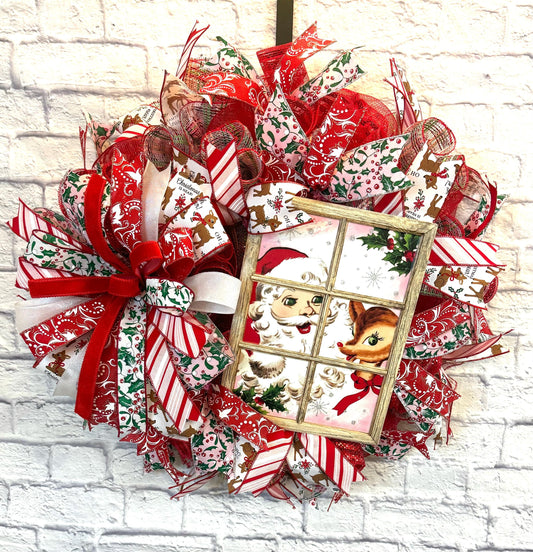 Christmas Santa Wreath, Vintage Santa Christmas Wreath, Vintage Reindeer Christmas Wreath, Christmas Wreath For Front Door, Christmas Santa
