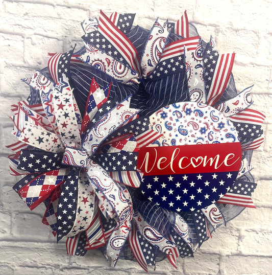Patriotic Welcome Wreath, 4th of July Wreath for Front Door, Red White & Blue Patriotic Wreath, Americana Wreath for Door, Patriotic Wreath