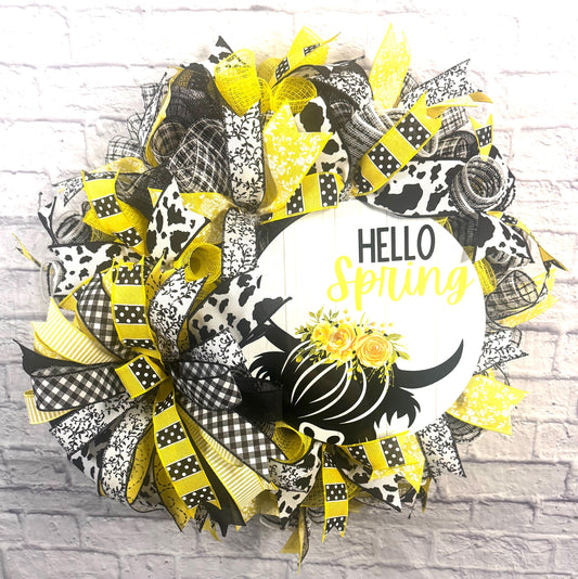 Spring Highland Cow Wreath, Hello Spring Wreath, Spring Cow Wreath, Yellow & Black Spring Wreath, Spring Highland Cow Wreath for Front Door