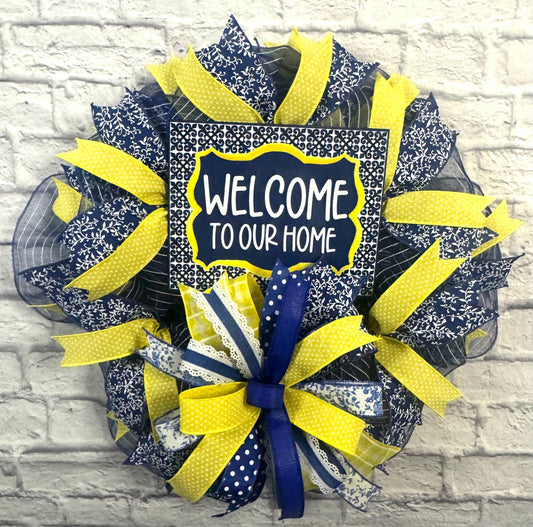 Welcome to Our Home Wreath, Blue and Yellow Everyday Wreath, Everyday Welcome Wreath, Welcome Wreath for Front Door, Welcome Porch Decor