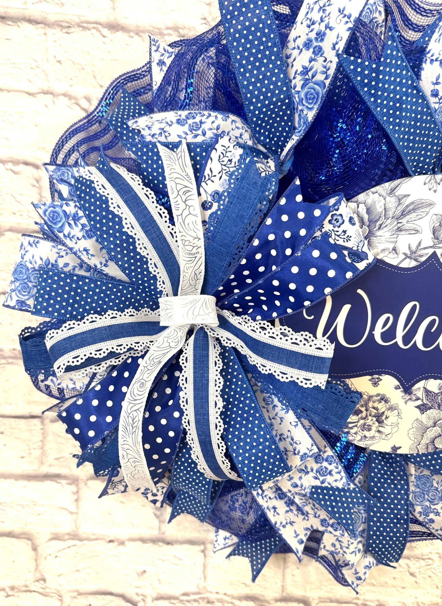 Blue and White Welcome Wreath, Blue and White Welcome Door Hanger, Welcome Wreath for Front Door, Blue and White Porch Decor, Welcome Decor