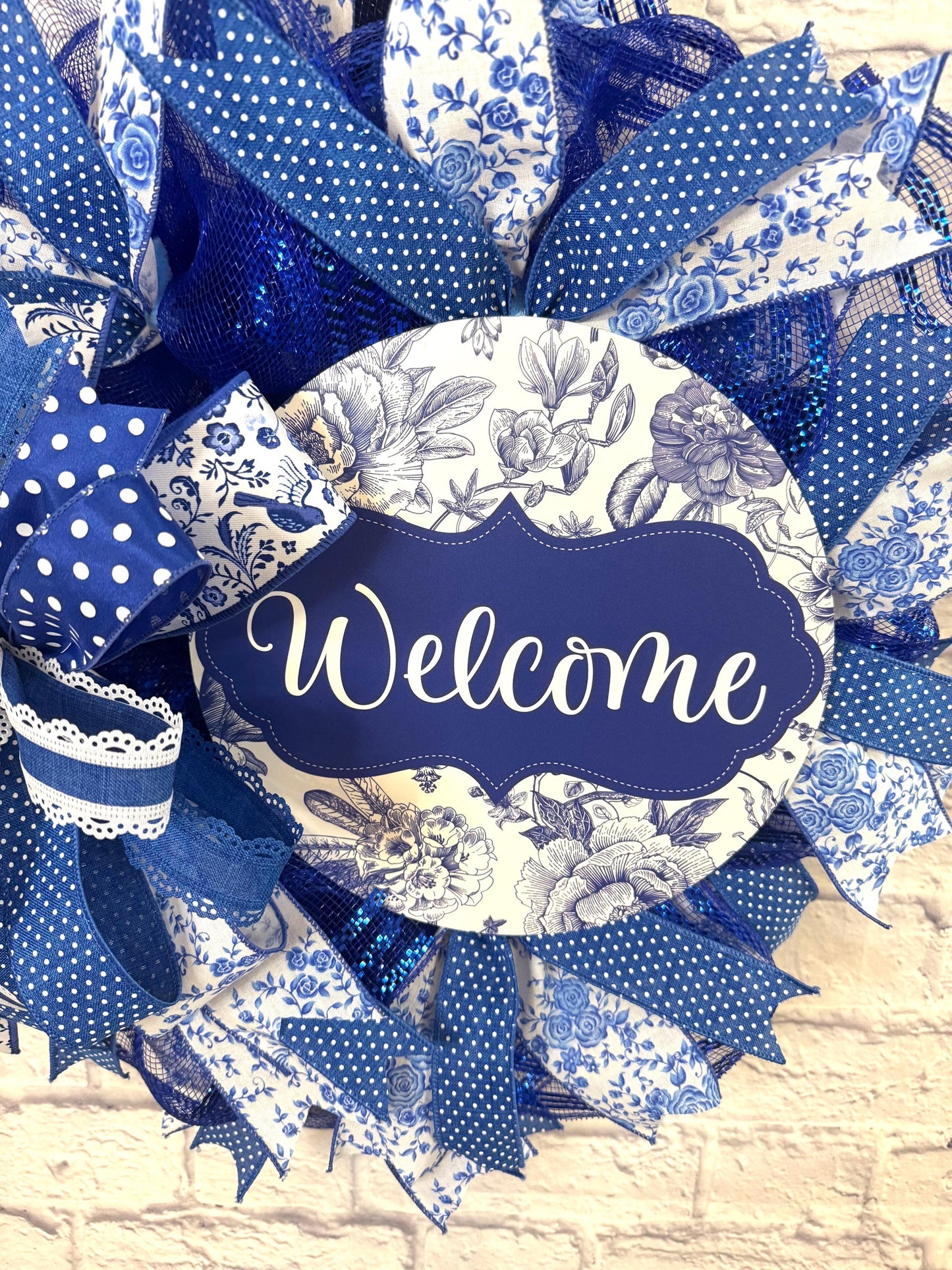 Blue and White Welcome Wreath, Blue and White Welcome Door Hanger, Welcome Wreath for Front Door, Blue and White Porch Decor, Welcome Decor
