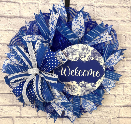 Blue and White Welcome Wreath, Blue and White Welcome Door Hanger, Welcome Wreath for Front Door, Blue and White Porch Decor, Welcome Decor