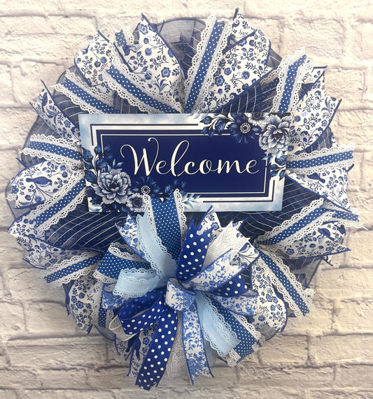 Blue and White Welcome Floral Sign, Blue and White Welcome Wreath, Welcome Door Hanger, Welcome Porch Sign, Blue and White Welcome Decor
