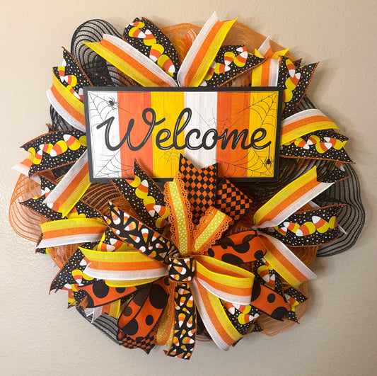 Halloween Welcome Wreath, Halloween Candy Corn Wreath, Whimsical Halloween Wreath, Bright Candy Corn Halloween Wreath, Candy Corn Door Decor