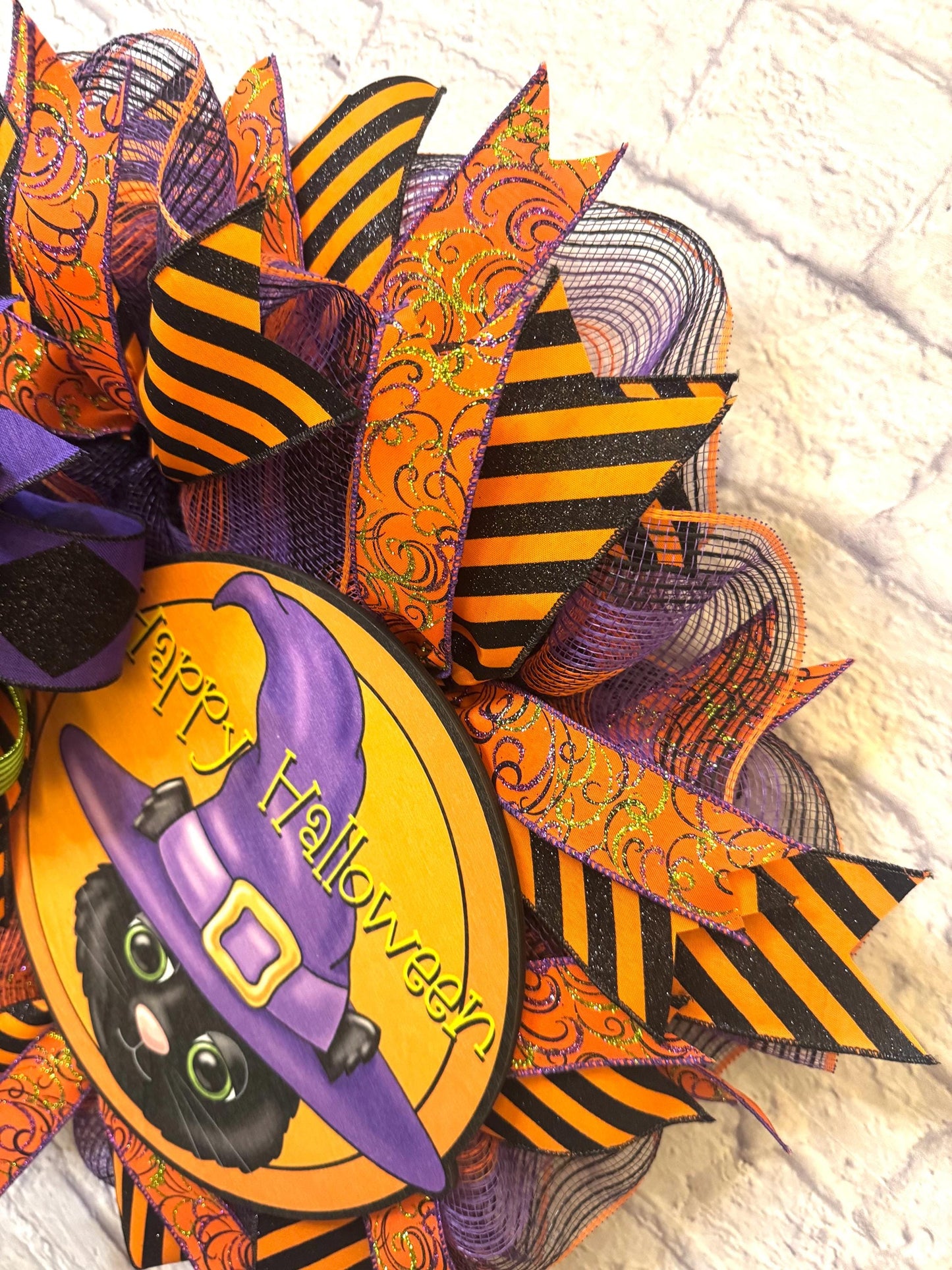 Happy Halloween Wreath for Front Door, Halloween Black Cat Sign, Witches Hat Sign, Happy Halloween Door Hanger, Black Cat Door Hanget