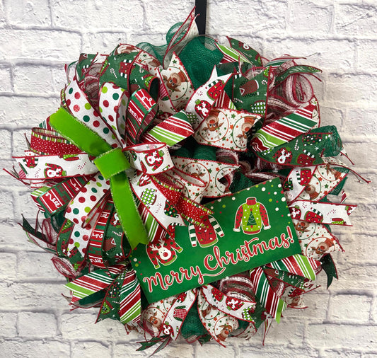 Christmas Ugly Sweater Wreath, Christmas Wreath for Front Door, Merry Christmas Door Hanger, Christmas Porch Decor, Ugly Sweater Christmas