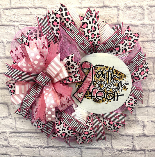 Breast Cancer Faith Over Fear Wreath, Breadt Cancer Wreath, Breadt Cancer Awareness, Breadt Cancer Wreath for Front Foor, Breast Cancer Sign
