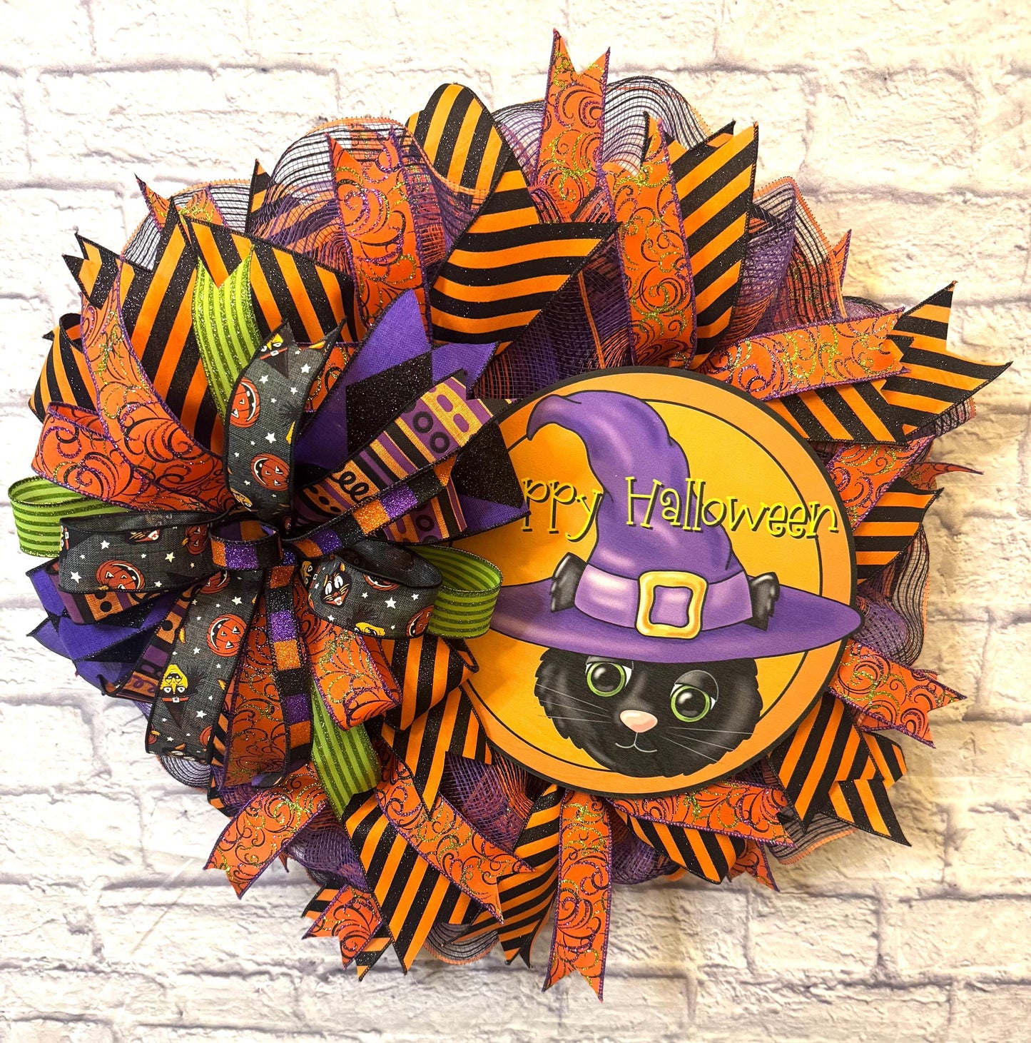 Happy Halloween Wreath for Front Door, Halloween Black Cat Sign, Witches Hat Sign, Happy Halloween Door Hanger, Black Cat Door Hanget