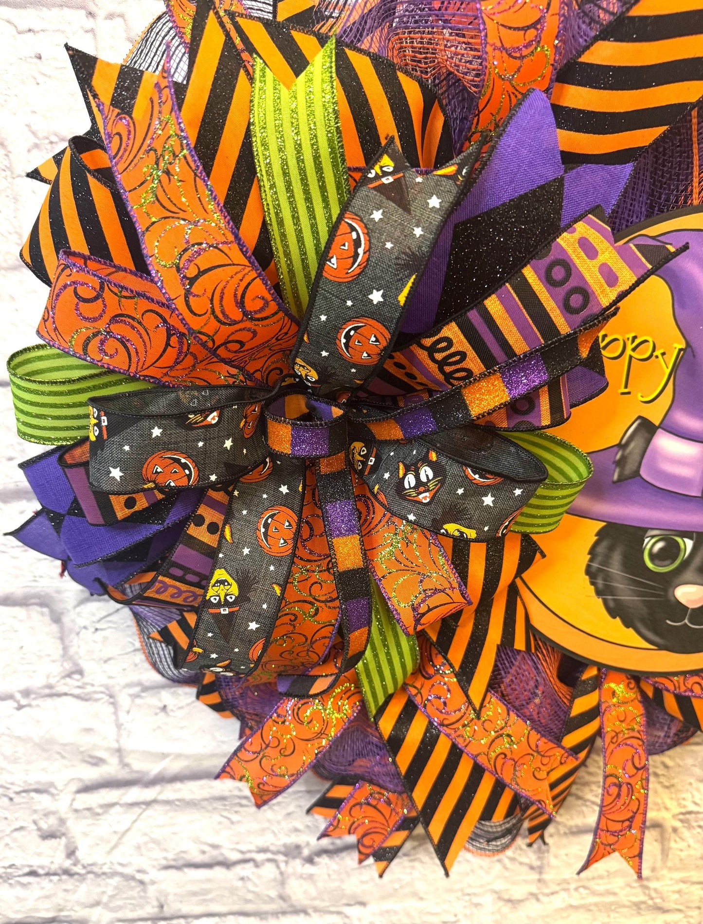 Happy Halloween Wreath for Front Door, Halloween Black Cat Sign, Witches Hat Sign, Happy Halloween Door Hanger, Black Cat Door Hanget