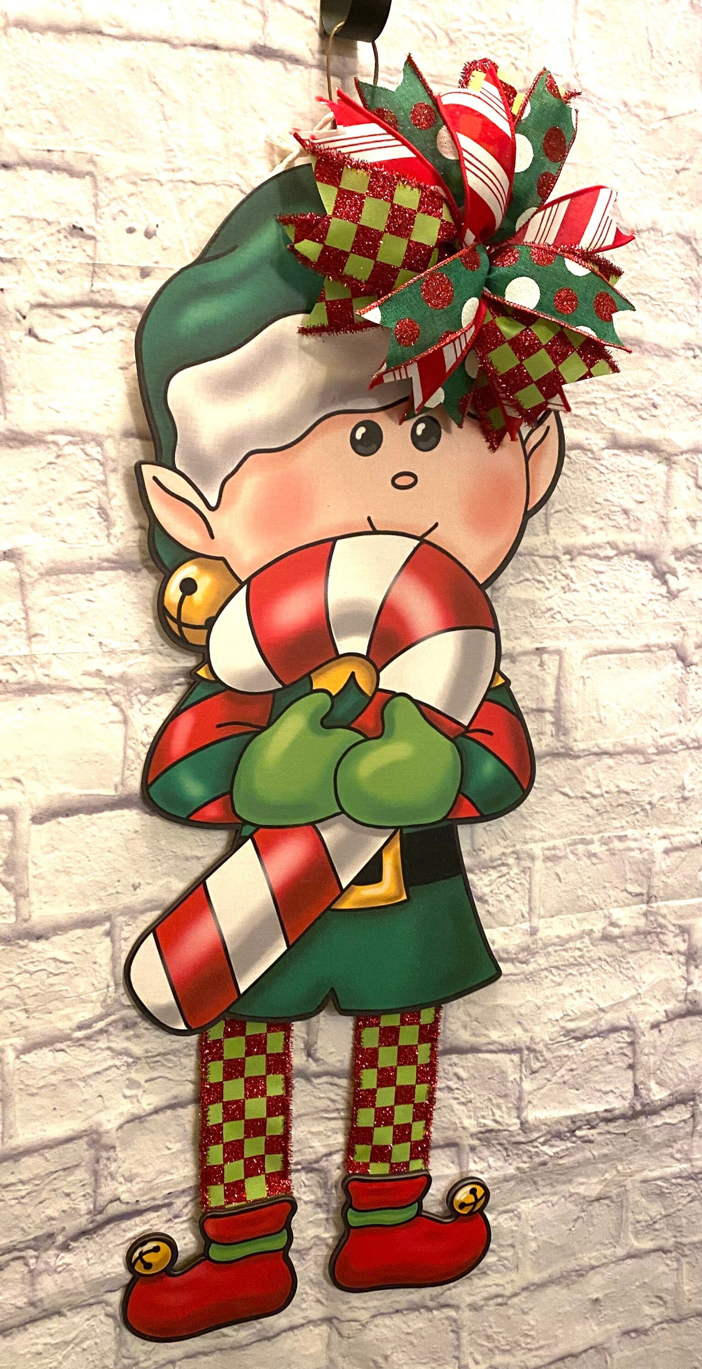 Christmas Elf Door Hanger, Christmas Elf Door Hanger for Front Door, Christmas Elf Door Hanger for Porch, Red & Green Elf Door Hanger