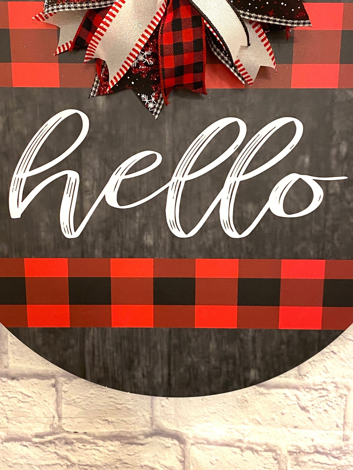 Rustic Winter Buffalo Plaid Hello Door Hanger for Door, Winter Buffalo Plaid Hello Door Hanger for Porch, Black & Red Winter Hello Sign