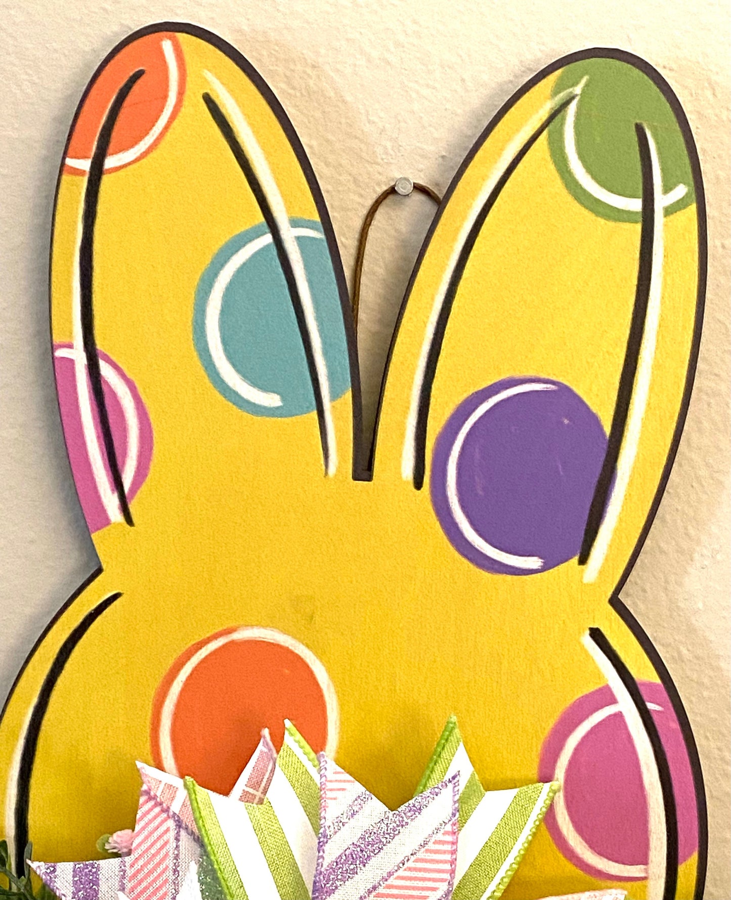 Yellow Polka-dot Easter Bunny Door Hanger, Yellow Easter Bunny Porch Decoration, Easter Bunny Home or Business Decoration