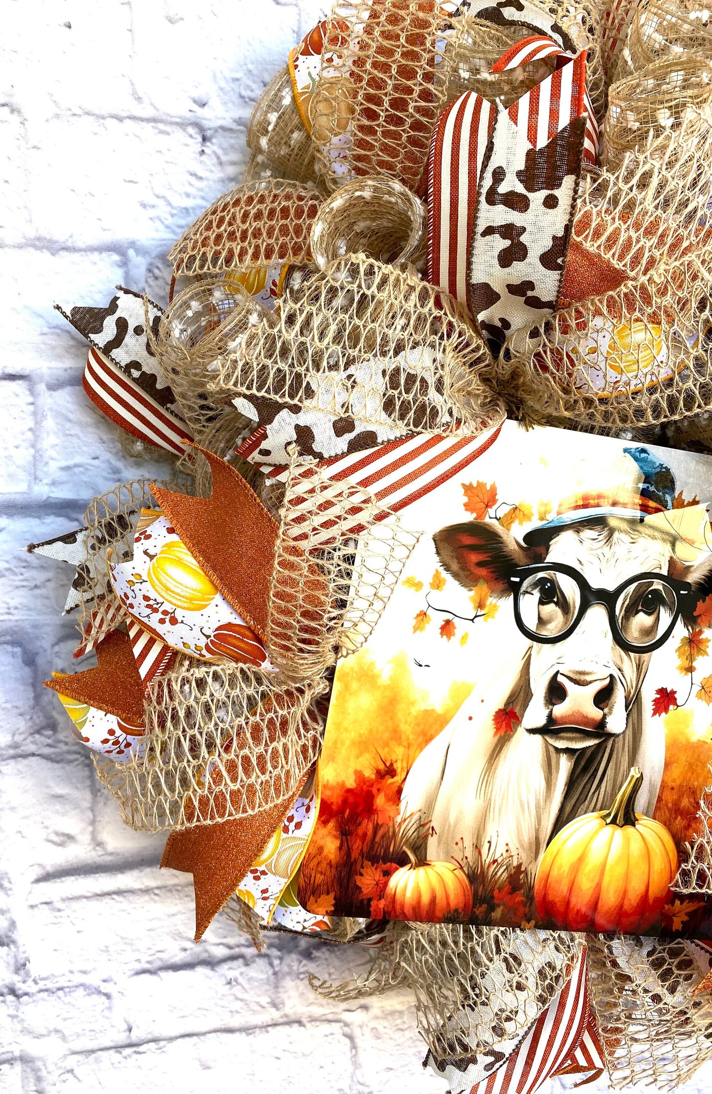 Fall Cow Wreath for Door, Fall Cow Wreath for Porch, Cow Home Decoration, Cow Door Hanger, Fall Cow Wreath with Burlap and Pumpkin Accents