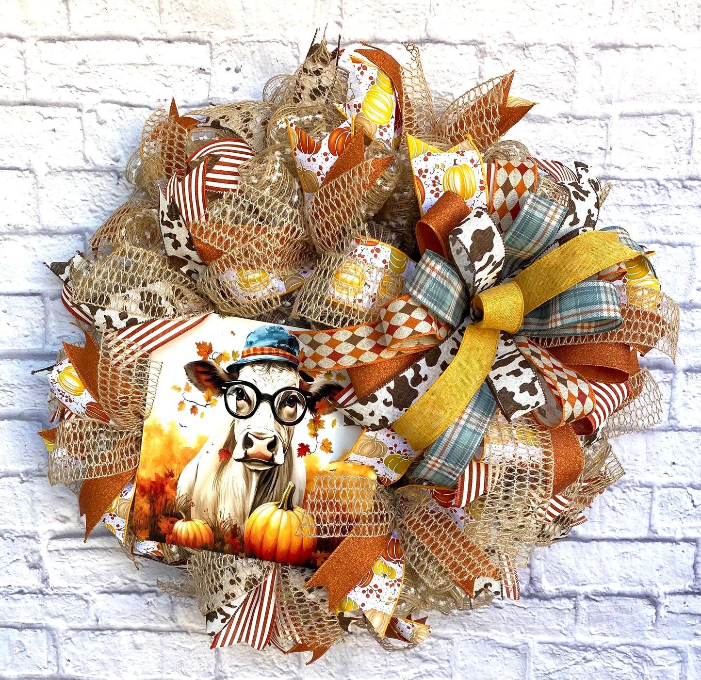 Fall Cow Wreath for Door, Fall Cow Wreath for Porch, Cow Home Decoration, Cow Door Hanger, Fall Cow Wreath with Burlap and Pumpkin Accents