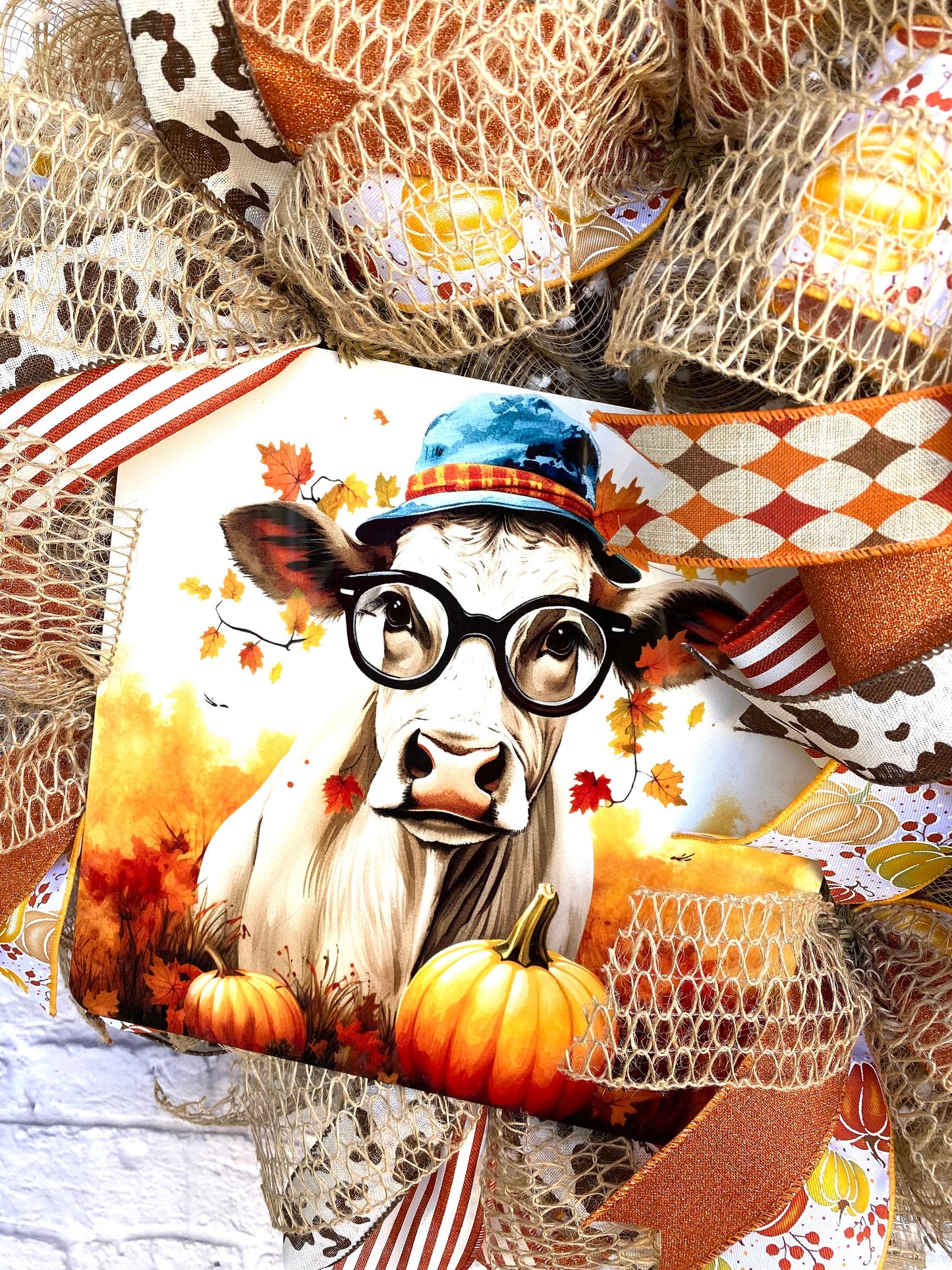Fall Cow Wreath for Door, Fall Cow Wreath for Porch, Cow Home Decoration, Cow Door Hanger, Fall Cow Wreath with Burlap and Pumpkin Accents