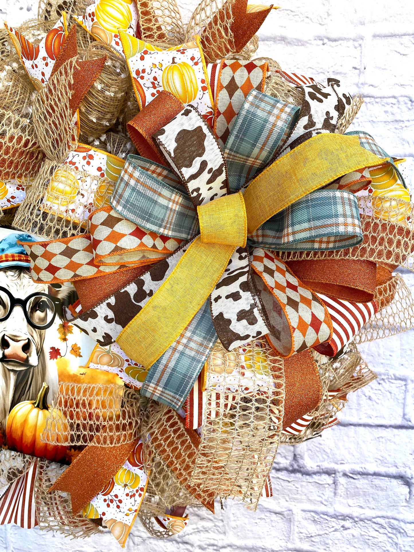 Fall Cow Wreath for Door, Fall Cow Wreath for Porch, Cow Home Decoration, Cow Door Hanger, Fall Cow Wreath with Burlap and Pumpkin Accents