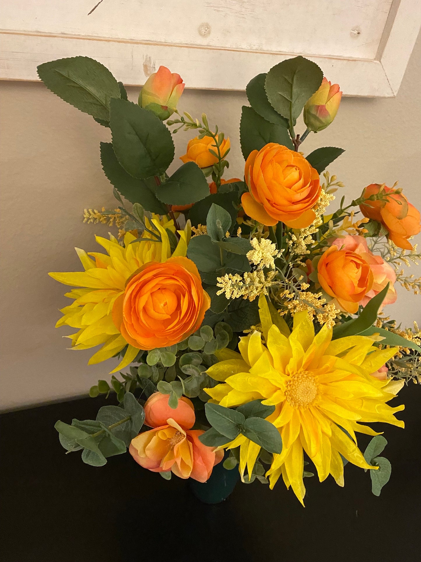 Graveside Floral Arrangement, Yellow and Orange Graveside Floral Arrangement, Vibrant Floral Gravesite Arrangement