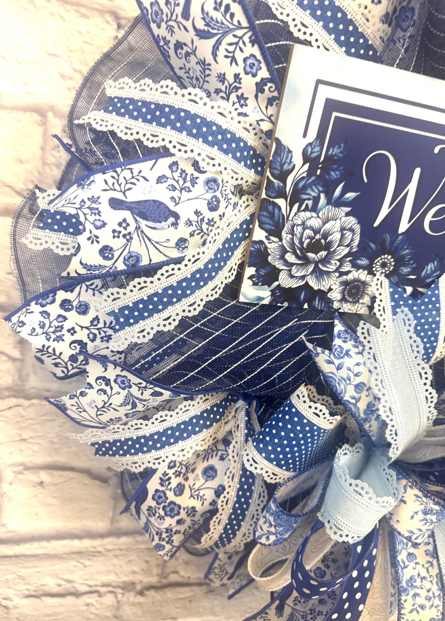 Blue and White Welcome Floral Sign, Blue and White Welcome Wreath, Welcome Door Hanger, Welcome Porch Sign, Blue and White Welcome Decor