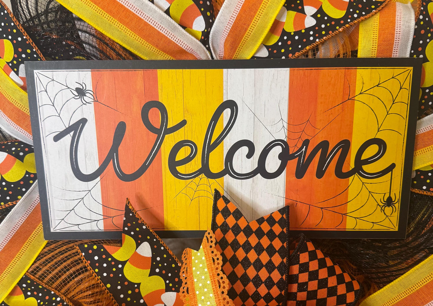 Halloween Welcome Wreath, Halloween Candy Corn Wreath, Whimsical Halloween Wreath, Bright Candy Corn Halloween Wreath, Candy Corn Door Decor