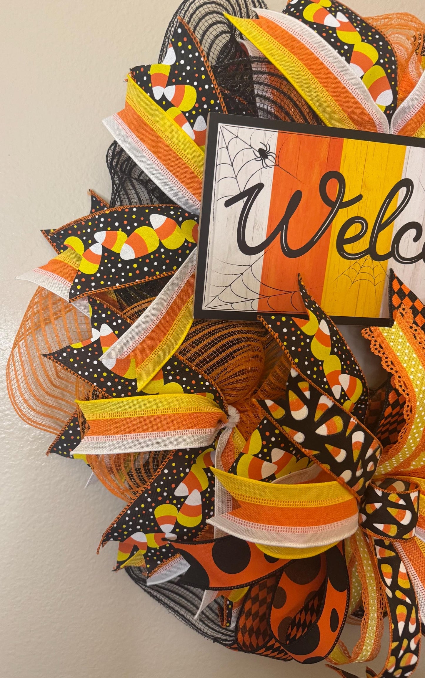 Halloween Welcome Wreath, Halloween Candy Corn Wreath, Whimsical Halloween Wreath, Bright Candy Corn Halloween Wreath, Candy Corn Door Decor