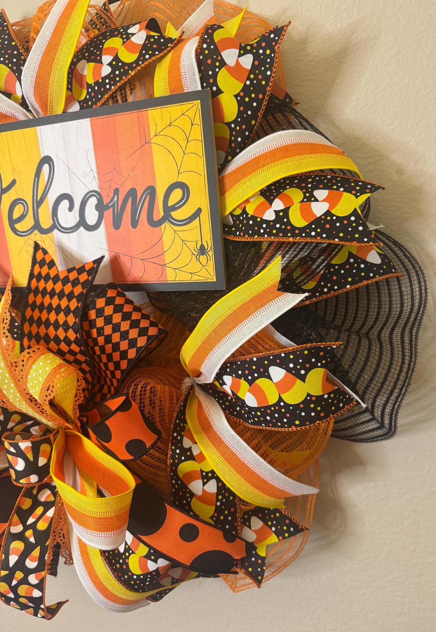 Halloween Welcome Wreath, Halloween Candy Corn Wreath, Whimsical Halloween Wreath, Bright Candy Corn Halloween Wreath, Candy Corn Door Decor